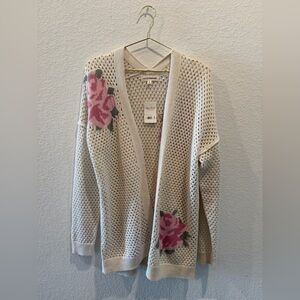 Lucky Brand beige pink floral rose knit crochet cardigan sweater
